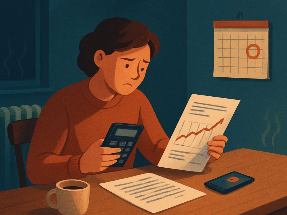 Кухонный стол вечером: на нём квитанция за коммуналку с поднимающейся линией графика, рядом смартфон с уведомлением и настенный календарь с обведённым первым днём месяца. Человек в свитере держит калькулятор, за спиной батарея с волнами тепла. Настроение тревожно-домашнее, без текста.