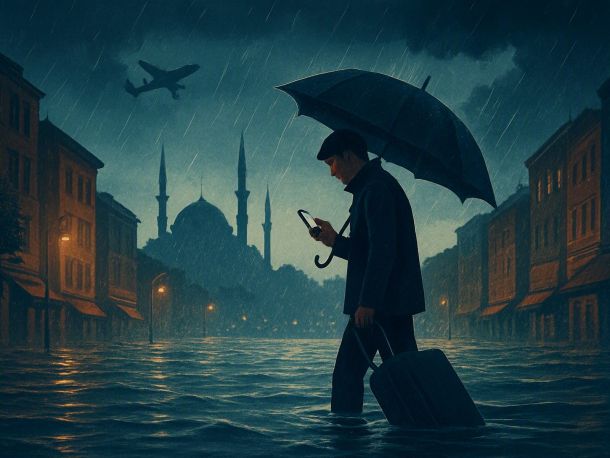 Затопленная улица Стамбула под ливнем: вода по колено, вдалеке силуэт мечети с минаретами, над городом кружит самолёт, не заходящий на посадку. Фигура туриста с чемоданом на колёсах стоит на бордюре и смотрит в телефон. Настроение тревожно-спокойное, серо-синие тона дождя.