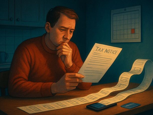Человек за кухонным столом держит налоговое уведомление, а из смартфона перед ним выезжает длинная лента из двадцати четырёх маленьких платёжных квитков, уходящая за край стола. Настроение — настороженное раздумье.