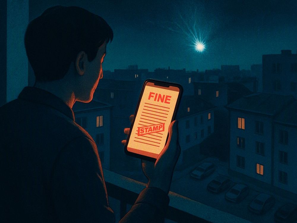 Ночной балкон многоэтажки: человек снимает на смартфон вспышку в небе над крышами, а на экране телефона поверх кадра уже лежит бумажный протокол с печатью. Настроение тревожное, холодный синий свет, внизу тёмный двор с припаркованными машинами.