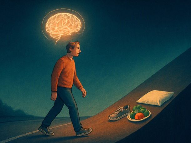Человек средних лет идёт по ровной дороге, которая впереди резко уходит вниз крутым склоном; над его головой — силуэт мозга, как светящаяся лампа с проводами-связями. У края склона стоят кроссовки, подушка и тарелка с овощами. Настроение спокойное, без тревоги.