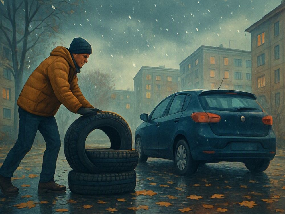 Московский двор в сырой осенний день: мужчина в куртке катит к машине стопку зимних шин, рядом лужи, мокрые жёлтые листья и первые снежинки вперемешку с каплями дождя. Настроение спокойное, деловое.