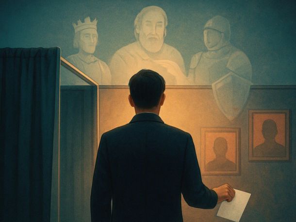 Человек стоит в кабинке для голосования с бюллетенем в руке, а из его головы вырастают полупрозрачные силуэты: король в короне, бородатый отец с рукой на плече, рыцарь. На стенке кабинки — два безликих портрета. Настроение задумчивое, слегка тревожное.