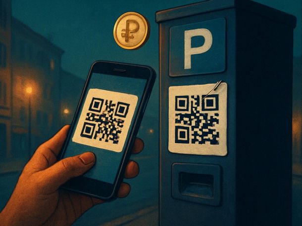 Рука держит смартфон и наводит камеру на QR-код, наклеенный поверх другого кода на платёжном терминале; из-под наклейки выглядывает рыболовный крючок. Настроение — спокойная настороженность.