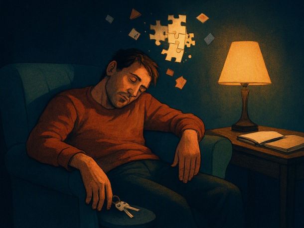 Человек дремлет в кресле, из расслабленной руки выскальзывает связка ключей, а над его головой разрозненные карточки и детали головоломки сами складываются в цельную фигуру. Спокойное ночное настроение, рядом на столике открытый блокнот и ручка.
