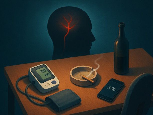 Кухонный стол сверху: тонометр с манжетой, пепельница с сигаретой, пустая винная бутылка, смартфон с будильником на 3:00 и офисное кресло рядом. Над столом — силуэт головы с одним подсвеченным красным сосудом. Настроение спокойного предупреждения.