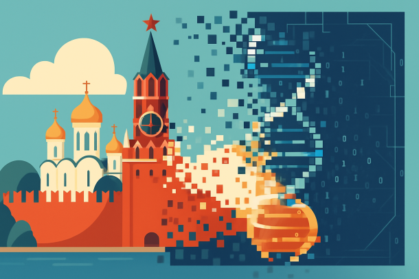 Знакомый пейзаж, московский кремль который наполовину «рассыпается» на пиксели или цифровой код, обнажая каркас симуляции.