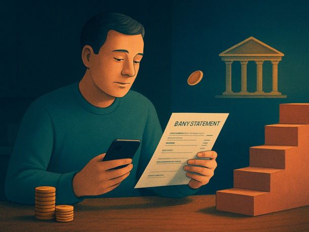 Флэт-иллюстрация: человек с телефоном смотрит на банковскую выписку, из стопки монет на столе одна монета уплывает в сторону здания с колоннами, рядом лестница из пяти ступеней растущей высоты. Настроение спокойно-деловое, без паники.