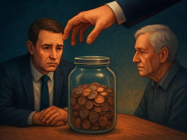 Человек средних лет сидит за столом перед стеклянной банкой с монетами, а напротив — его полупрозрачный постаревший двойник. Сверху к банке тянется большая рука в деловом рукаве; настроение спокойно-тревожное.