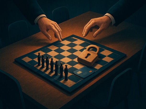 Шахматная доска на столе переговоров: вместо фигур с одной стороны маленькие человеческие силуэты, с другой — замок-санкция и банковская карта. Над доской зависли две руки, никто не решается сделать ход. Настроение напряжённое и тихое.