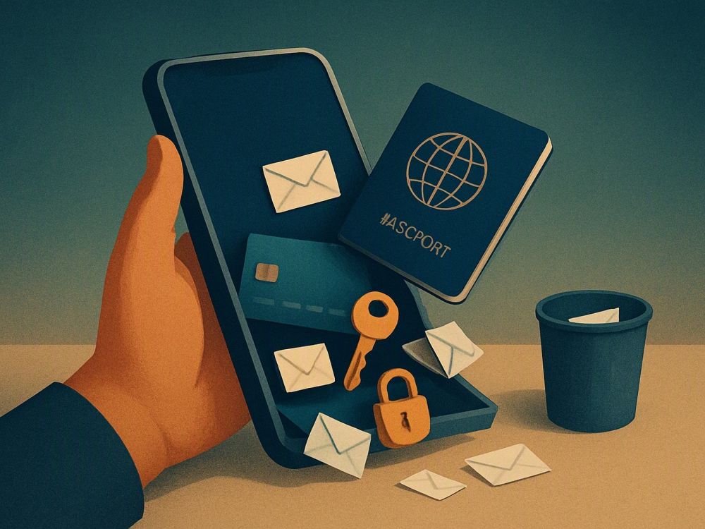 Рука держит смартфон, из экрана которого, как из переполненного ящика, высыпаются паспорт, банковская карта, ключ и конверты с сообщениями; рядом стоит маленькая корзина. Настроение спокойное, деловое.